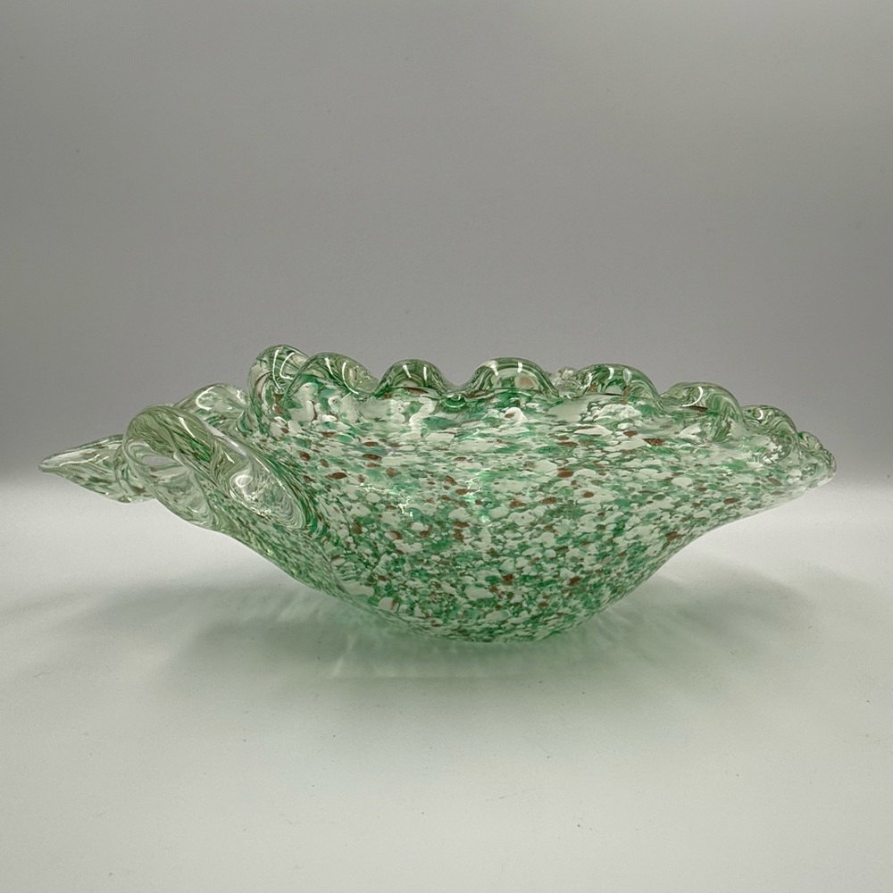 Vintage Green and Gold Flex Ruffled Murano Glass Bowl /Trinket Dish/Ashtray